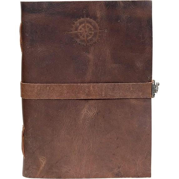 Compass Vintage Leather Journal - Antique Handmade With Lock Leather Bound journal with deckle edge paper for Men And Women