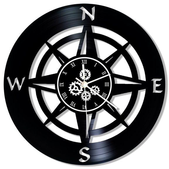 Compass Wall Clock, 12 Inch Nautical Vinyl Record Wall Clock, Silent Quartz Non Ticking Battery Operated Vintage Decorative Marine Compass Clock Wall Watch for Mariners Sailors Gift