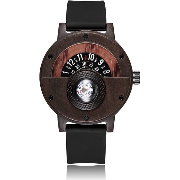 Compass Watch Turntable Personalised Men's Wooden Watch, Stylish Wrist Wood Mens Watches, Lightweight Handmade Quartz Watch With Compass For Men Family Friends