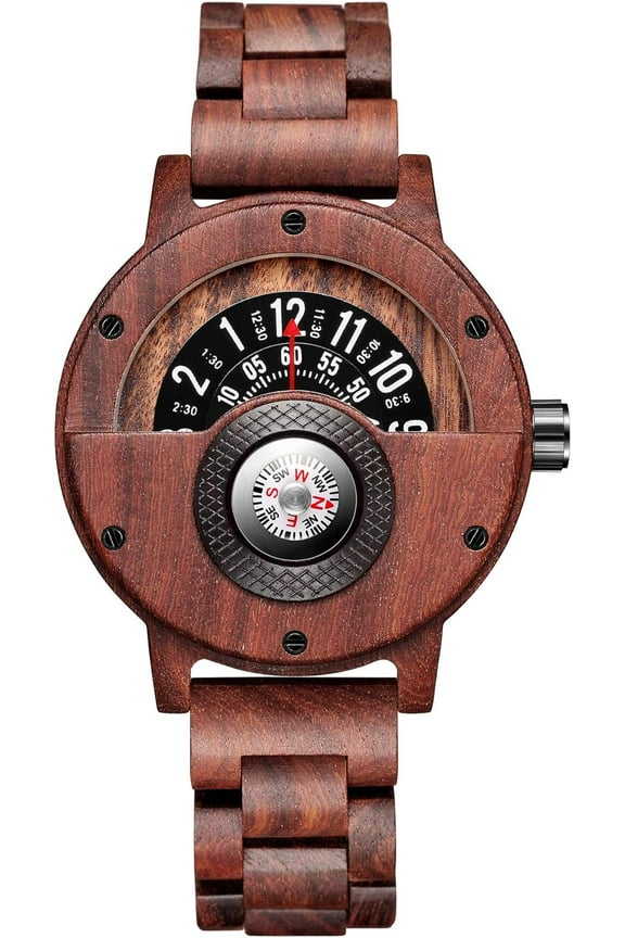 Compass Watch Turntable Personalised Men's Wooden Watch, Stylish Wrist Wood Mens Watches, Lightweight Handmade Quartz Watch With Compass For Men Family Friends