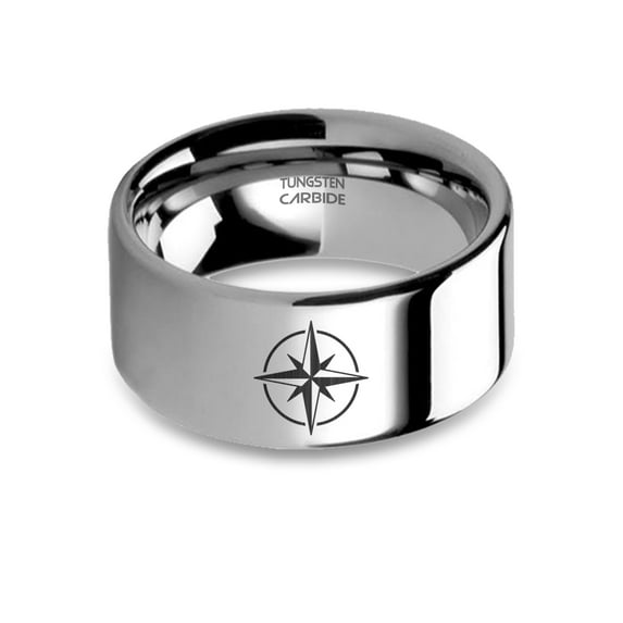 Compass Wind Rose Laser Engraved Silver Tungsten Carbide Ring, 10mm, Size 11