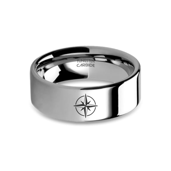 Compass Wind Rose Laser Engraved Silver Tungsten Carbide Ring, 8mm, Size 11.5