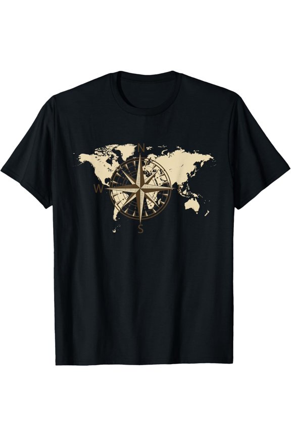 Compass World Map Graphic T Shirt Travel Adventure T-Shirt