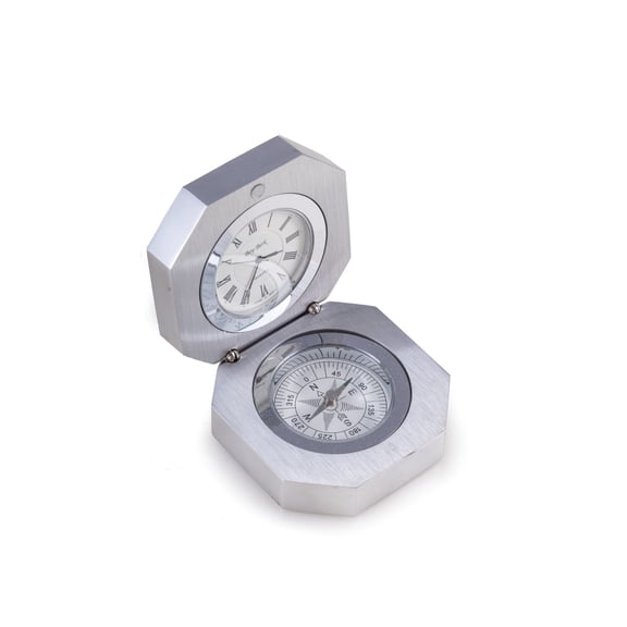 Compass and Clock in Stainless Steel Hinged Case.