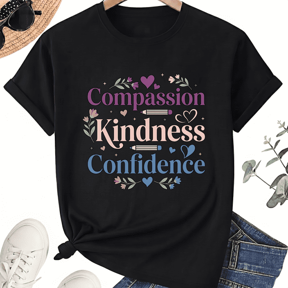 Compassion Kindness Confidence Teacher T-Shirt, 100% Cotton Unisex Crew Neck Short Sleeve