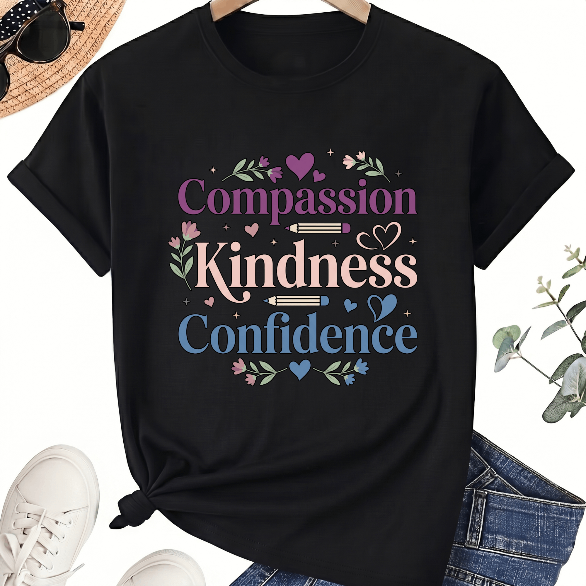 Compassion Kindness Confidence Teacher T-Shirt, 100% Cotton Unisex Crew Neck Short Sleeve