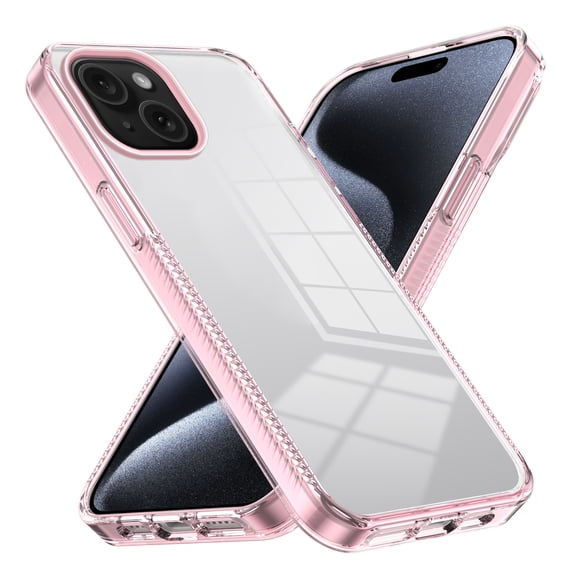 Compatiable with iPhone 15 Case Clear, Transparent Crystal Shockproof Phone Case, Slim Anti-Scratch Hard PC + Soft TPU Back Protective Cover Bumper Non-Slip Design For iPhone 15, Pink