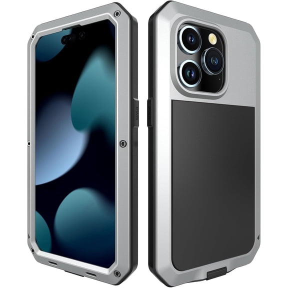 Compatiable with iPhone 15 Pro Max Case,360 Full Body Protective Cover Heavy Duty Shockproof Tough Armour Aluminum Alloy Metal Case with Silicone Built-in Screen Protector