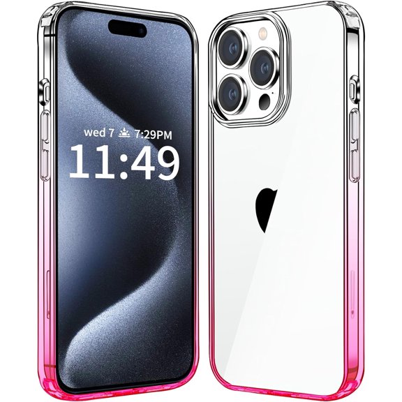 Compatiable with iPhone 15 Pro Case Clear, Transparent Shockproof Phone Case, Slim Anti-Scratch Hard PC Back Protective Cover Bumper, Gradient Pink