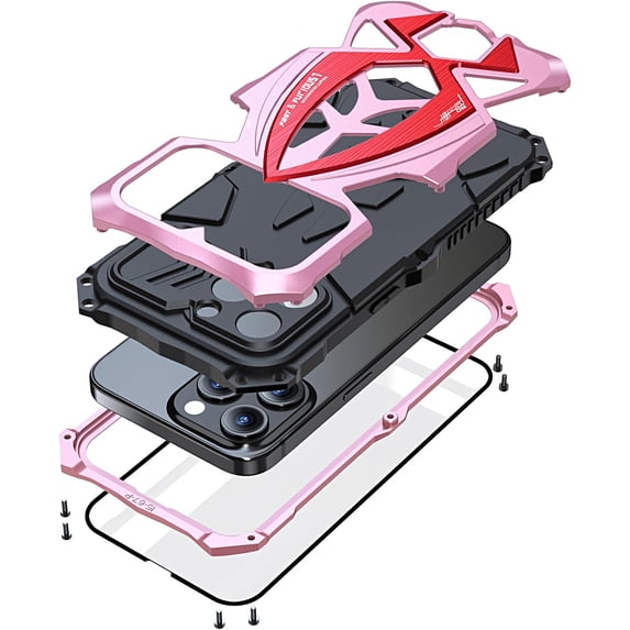 Compatibility with iPhone 15 Pro Max Case Heavy Duty Protection Rugged Screw Full Body Military Grade Metal Bumper Rubber with Hard Durable Phone Cases Cover Men 2023 Pink