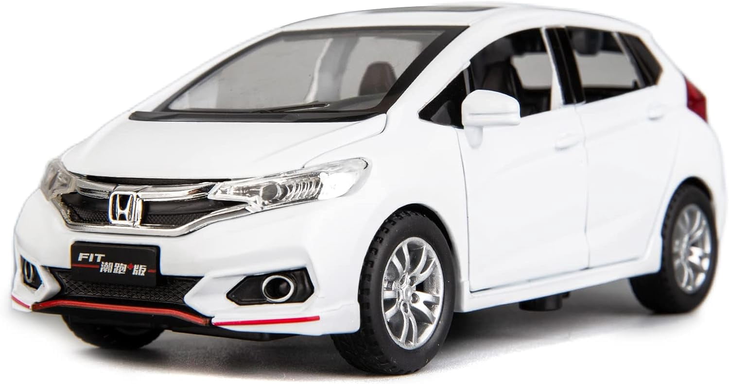 Compatible for 1:32 Diecasting Alloy Honda FIT Car Model Toy Car,Front Wheel Steering Car with Lights and Sound, Open Door for Kids Gift, Children Birthday Gift White