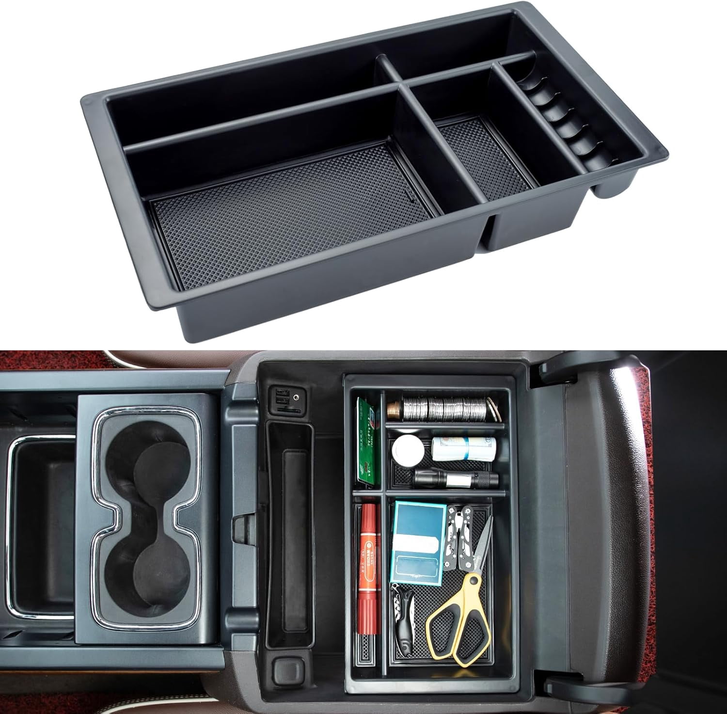 Compatible with (2014 2015 2016 2017 2018) Chevy Silverado/GMC Sierra， (2015-2020) Suburban/Tahoe/GMC Yukon Center Console Organizer Tray Accessories - Full w/Bucket Seats ONLY