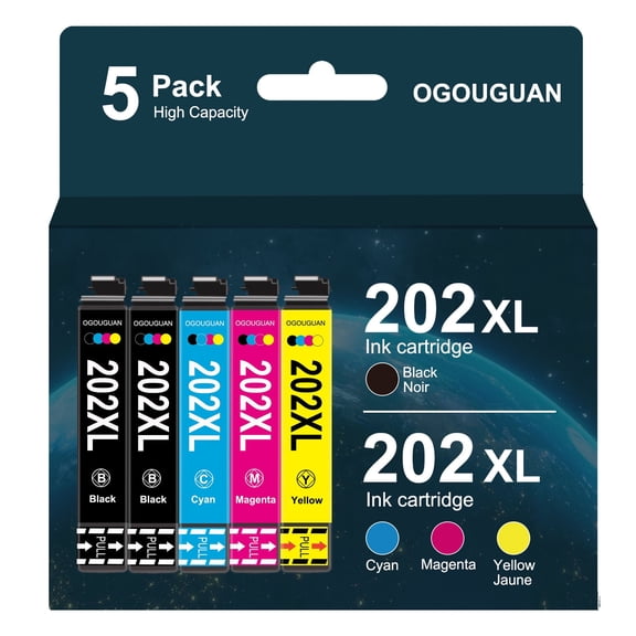 Compatible 202XL Ink Cartridges for Epson XP-5100 WF-2860, 5 Pack Black Cyan Magenta Yellow