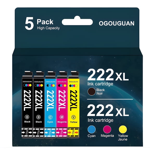 222XL Ink Cartridges, 5-Pack (2 Black, 1 Cyan, 1 Magenta, 1 Yellow)  Compatible Replacement for XP-5200 and WF-2960 Printers