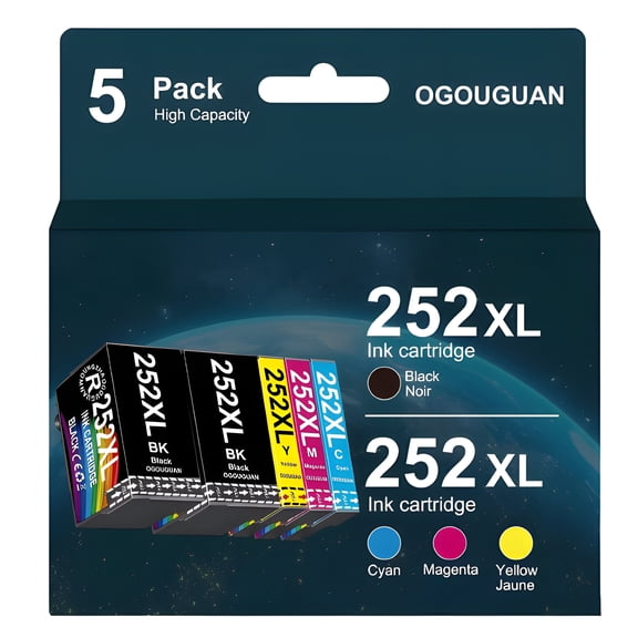 Compatible 252XL Ink Cartridges 5-Pack Replacement for WF-7110 WF-7720 WF-7710 WF-3620 WF-3640 (Black, Cyan, Magenta, Yellow)
