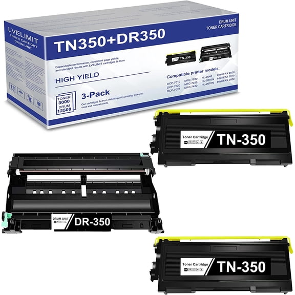 Compatible 3-Black (2 Toner+1 Drum) TN350 TN-350 Toner & DR350 DR-350 Drum High Yield Replacement for Brother DCP-7010 DCP-7020 IntelliFax2920 IntelliFax2850 MFC-7220 MFC-7820 Printer