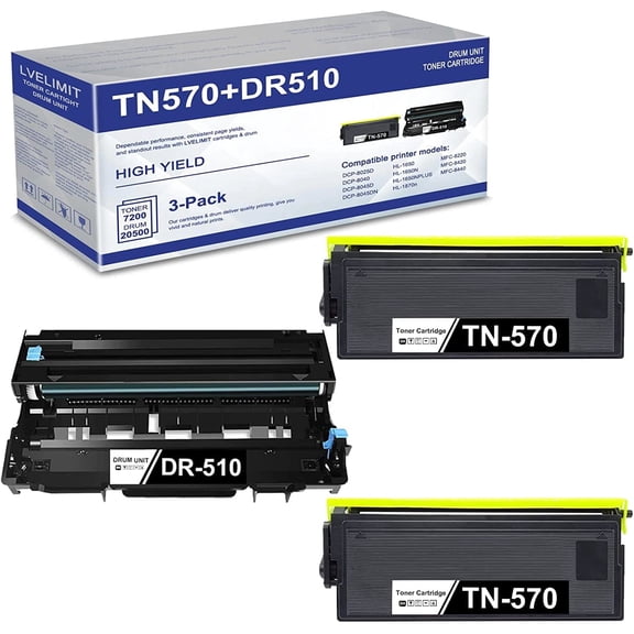 Compatible 3-Black (2 Toner+1 Drum) TN570 TN-570 Toner & DR510 DR-510 Drum High Yield Replacement for Brother DCP-8020 DCP-8040 HL-1650 HL-1650N MFC-8120 MFC-8220 MFC-8420 MFC-8440 Printer