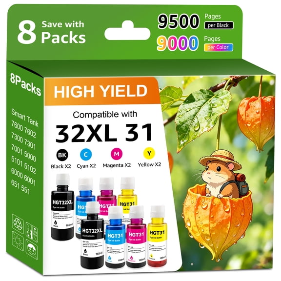 31 Ink 32XL Black Ink Bottle Compatible for Smart Tank 5101 5000 5102 7301 7001 5103 Plus 651 551 570 455 450 Printer (8 pack