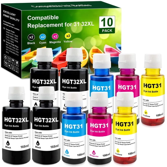 Compatible with 31 32 XL Ink Replacement for Smart Tank 7602 7301 6001 5103 5101 5000 5102 757 7601 7601 755 6002 7302 7001 Smart Tank Plus 551 651 455 457 450 Ink Printer(10 pack