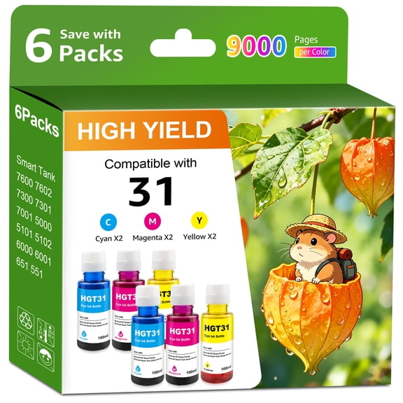 Compatible with 31 32 XL Ink Replacement for Smart Tank 7602 7301 6001 5103 5101 5000 5102 757 7601 7601 755 6002 7302 7001 Smart Tank Plus 551 651 455 457 450 Ink Printer(6 pack