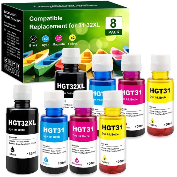Compatible with 31 32 XL Ink Replacement for Smart Tank 7602 7301 6001 5103 5101 5000 5102 757 7601 7601 755 6002 7302 7001 Smart Tank Plus 551 651 455 457 450 Ink Printer(8 pack