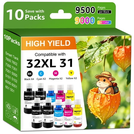 Compatible with 31 32XL Ink Bottle Replacement for Smart Tank 7602 7301 6001 5103 5101 5000 5102 7302 7001 Smart Tank Plus 551 651 455 457 450 Printer(10 pack)