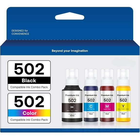Compatible 502 Ink Bottles Replacement for Epson Compatible 502 Ink Refill Bottles ( Not Sublimation Ink ) Use for ET-2850 ET-3830 ET-3850, 4 Bottles