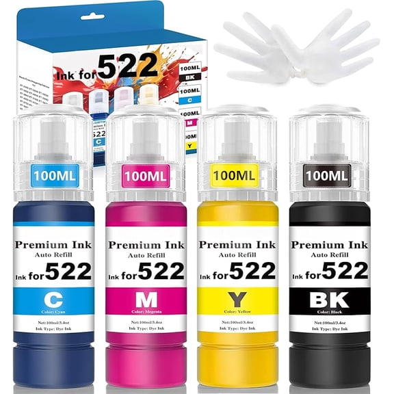 Compatible for 522 Ink Refill Bottles High Capacity Replacement, use for ET2800, ET2400, ET4800, ET2803, ET2720 Printers, Dye Based Ink Print Clear - 400mL BK/C/M/Y (Not Sublimation Ink)