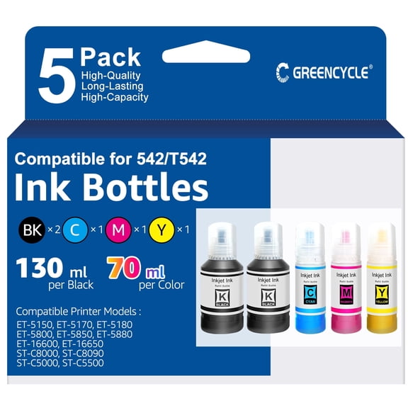 Compatible for 542 Ink Bottle Combo Pack High Capacity 130ml-Black & 70ml-Color, 5 Pack Fit for ET & ST Series Printer-ET-5150/5170/5180/5800/5850/5880/16600/16650, ST-C8000/C8090/C5000/C5500