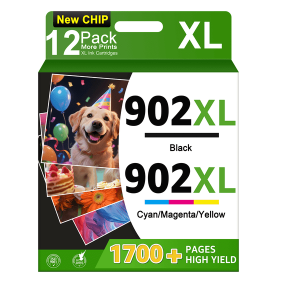 Compatible for 902XL Ink Cartridges Combo Pack High Yield Black & Color 902XL Printer Ink Cartridge Work with Officejet Pro 6968 6978 6970 Officejet 6950 6951 6962 Printers 12 Pack