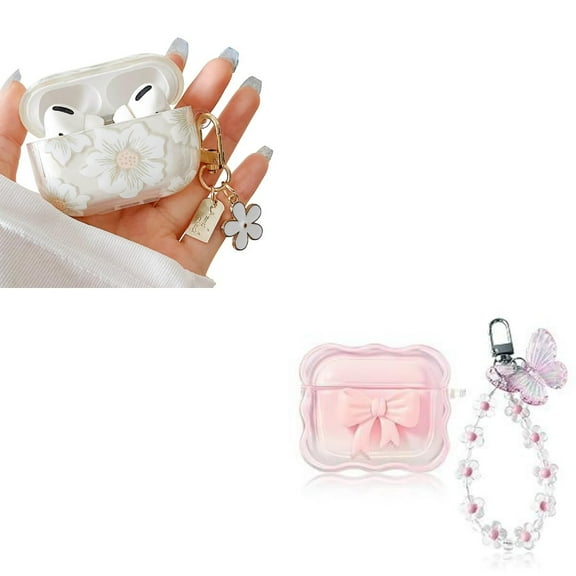 Compatible with AirPod Pro Clear Case,Cute Cartoon White Flower and 3D Bow Pattern Design with Keychain, Soft TPU Protective Shockproof Case for AirPods Pro for Girls Women Teens