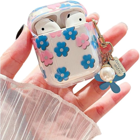 Compatible with AirPods 1/2 Clear Case,Cute Cartoon Flower Pattern Design with Floral Keychain, Soft TPU Protective Shockproof Case for AirPod 1&2 for Girls Women-Blue