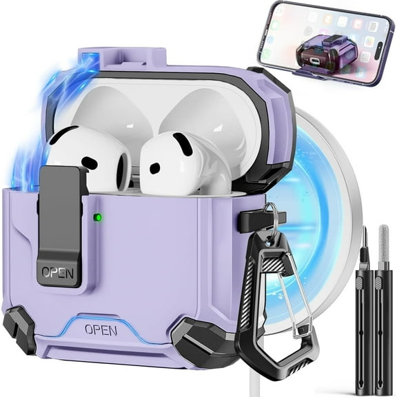 Compatible with AirPods 4th Generation Case,Compatible with Magsafe,Magnetic Automatic Lock with Phone Stand & Cleaning Kit for Airpods 4 with Active Noise Cancellation Charging Cover (2024)