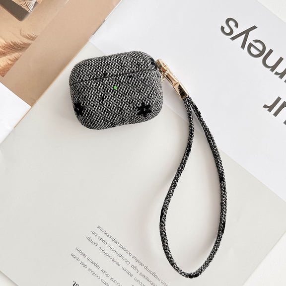 Compatible with AirPods 4th Generation Case for Women Girls, Stylish Flower Texture Protective Earbuds Cover Dustproof Anti-Scratch with Hand Strap Case for Apple AirPods 4 2024, Black