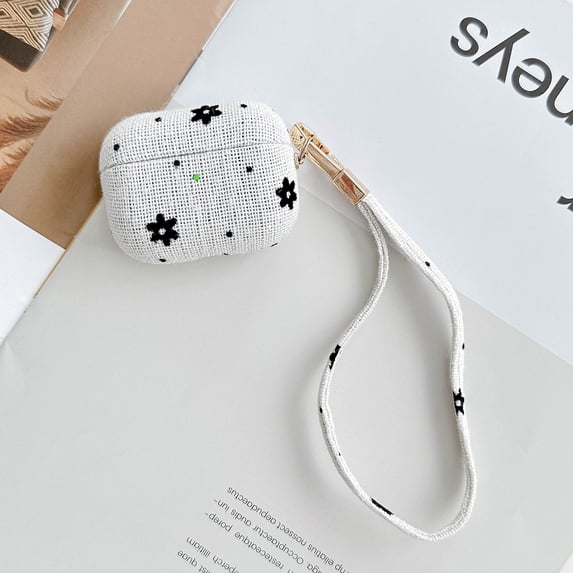 Compatible with AirPods 4th Generation Case for Women Girls, Stylish Flower Texture Protective Earbuds Cover Dustproof Anti-Scratch with Hand Strap Case for Apple AirPods 4 2024, White