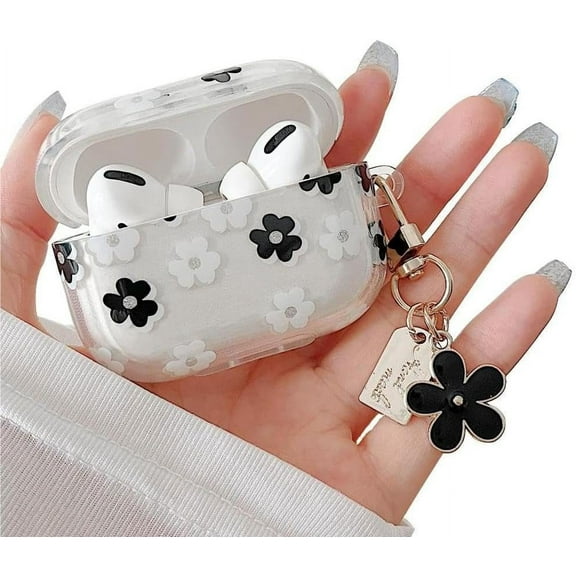 Compatible with AirPods Pro 2 Clear Case,Cute Cartoon Flower Pattern Design with Floral Keychain,Soft TPU Protective Shockproof Case for Airpods Pro 2nd Generation for Girls Women-Black