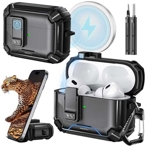 Compatible with AirPods Pro 2nd/1st Generation Case Cover with Phone Stand & Cleaning Kit,Compatible with Magsafe,Magnetic Automatic Lock for iPod Pro Charging Case(USB-C/Lightning Cable)