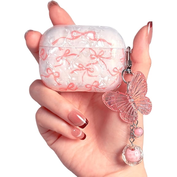 Compatible with AirPods Pro 3 Case Cute, Shell Pattern Shockproof Protective Cover for Girls Women with Butterfly Keychain Designed for AirPod Pro 3rd Generation(2025), Pink Bow