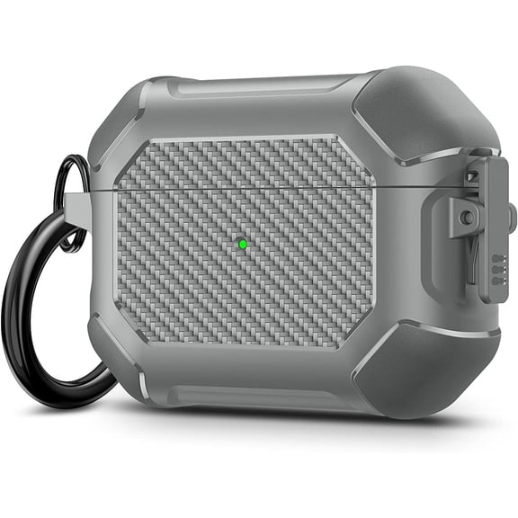 Compatible with AirPods Pro Case, Carbon Fiber Secure Lock Clip Full Body Shockproof Hard Shell Protective Case Cover with Keychain for AirPod Pro (2019), Grey