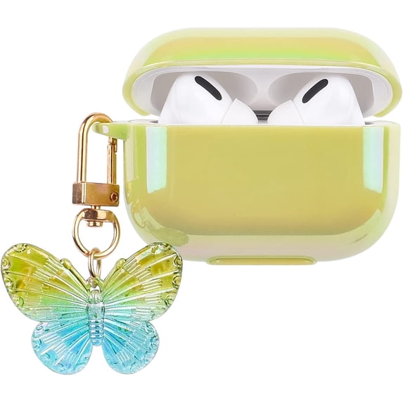 Compatible with AirPods Pro Case Cover,Butterfly Colorful Cute Luxury Plating for AirPod Case with Keychain Soft TPU Protective Case for Women Girls Design for AirPods Pro,Green