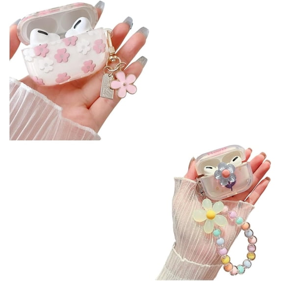 Compatible with AirPods Pro Clear Case, 3D Blue Flowers and Floral Pattern Design with Cute Cartoon Flower Keychain, Soft TPU Protective Shockproof Case for Airpod Pro for Girls Women