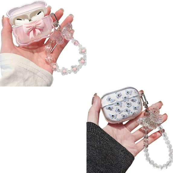 Compatible with AirPods Pro Clear Case,3D Bow and Blue Butterfly Pattern Design with Cute Keychain, Soft TPU Protective Shockproof Case for Airpod Pro for Girls Women