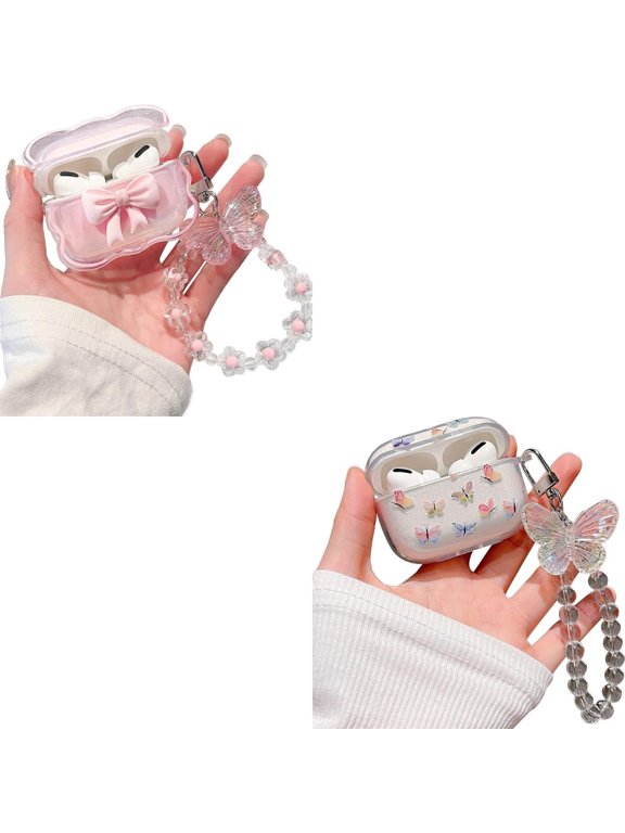 Compatible with AirPods Pro Clear Case,3D Bow and Cartoon Colorful Graffiti Butterfly Pattern Design with Cute Keychain, Soft TPU Protective Shockproof Case for Airpod Pro for Girls Women