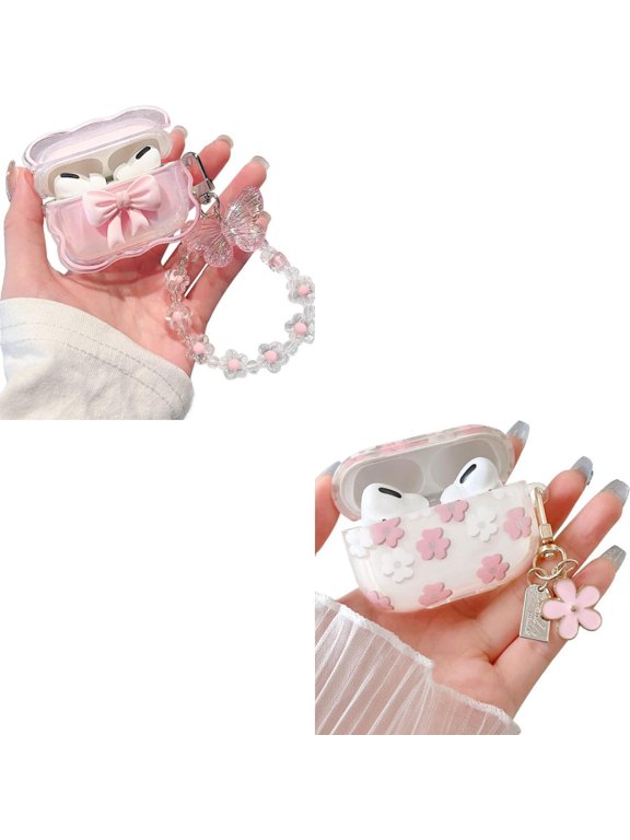 Compatible with AirPods Pro Clear Case,3D Bow and Cartoon Pink Flowers Pattern Design with Cute Keychain, Soft TPU Protective Shockproof Case for Airpod Pro for Girls Women