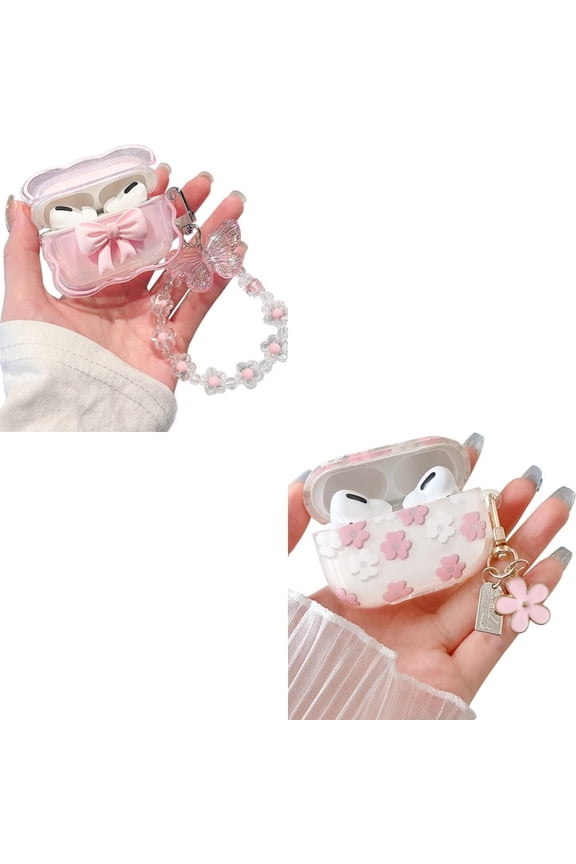 Compatible with AirPods Pro Clear Case,3D Bow and Cartoon Pink Flowers Pattern Design with Cute Keychain, Soft TPU Protective Shockproof Case for Airpod Pro for Girls Women