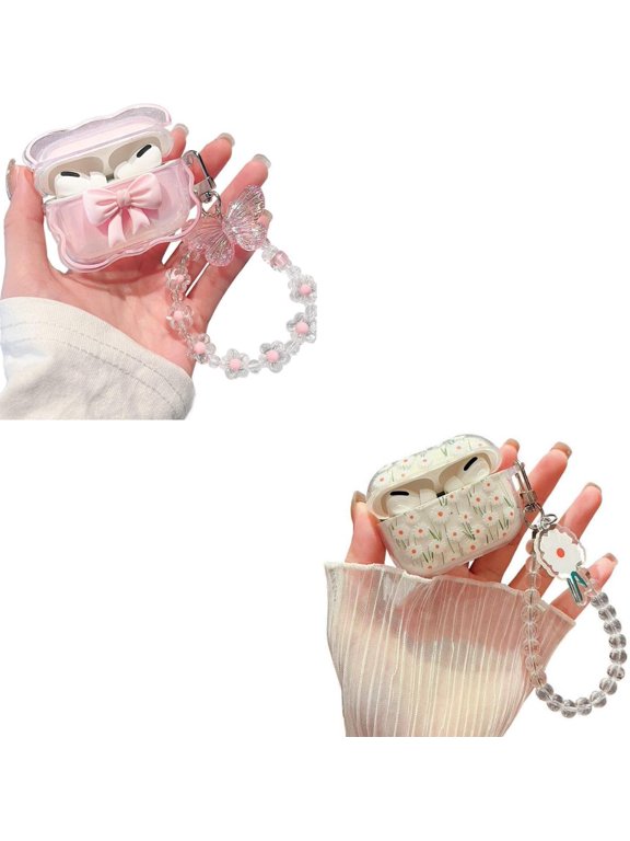 Compatible with AirPods Pro Clear Case,3D Bow and Cartoon White Flowers Pattern Design with Cute Keychain, Soft TPU Protective Shockproof Case for Airpod Pro for Girls Women