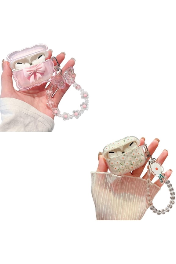 Compatible with AirPods Pro Clear Case,3D Bow and Cartoon White Flowers Pattern Design with Cute Keychain, Soft TPU Protective Shockproof Case for Airpod Pro for Girls Women
