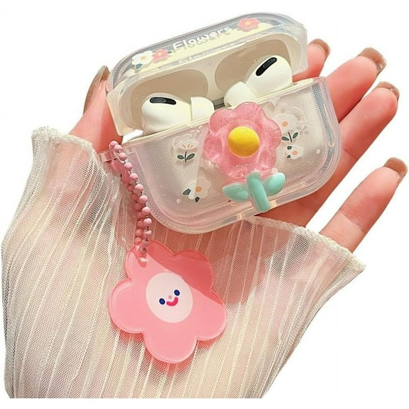 Compatible with AirPods Pro Clear Case,3D Floral Pattern Design with Cute Cartoon Flower Keychain, Soft TPU Protective Shockproof Case for Airpod Pro for Girls Women-Pink