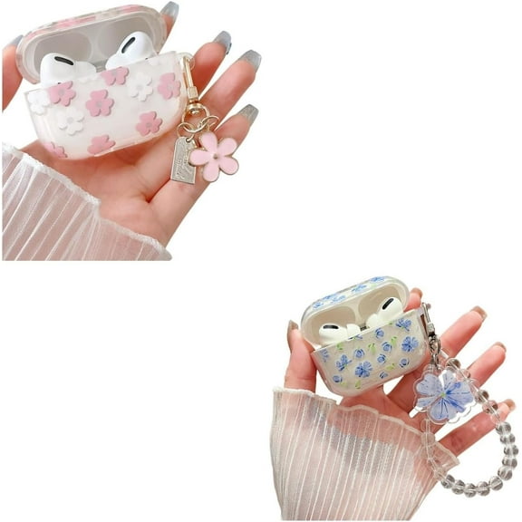 Compatible with Airpods Po Clear Case with Floral Keychain,Fashionable Cute Flower Pattern Design,Soft Silicone Smooth Shockproof Charging Case for AirPod Pro for Girls Women-Pink and Blue
