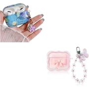 Compatible with Airpods Pro Case with Floral Keychain,Cute Blue Retro Oil and 3D Bow Pattern Design,Soft TPU Smooth Shockproof Charging Case for AirPod Pro for Girls Women